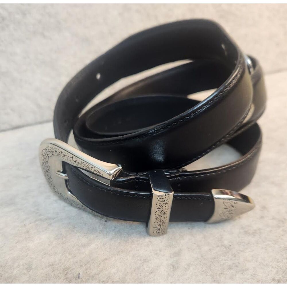 Black Western Style Leather Belt with Silver Buckle and Accents Size 40 Unisex